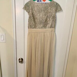 Tan/Gold Floor Length Formal Dress with Cap Sleeves and Iridescent Embroidery